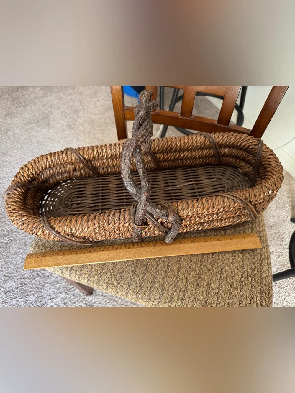 Rustic Farmhouse Twisted Willow Handle Basket Long Gathering Grapevine Rattan